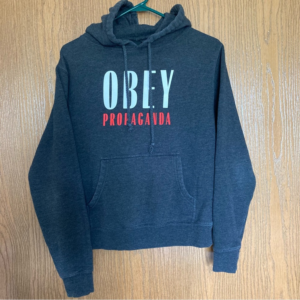 Obey Dark Gray Hoodie with Red and White Logo